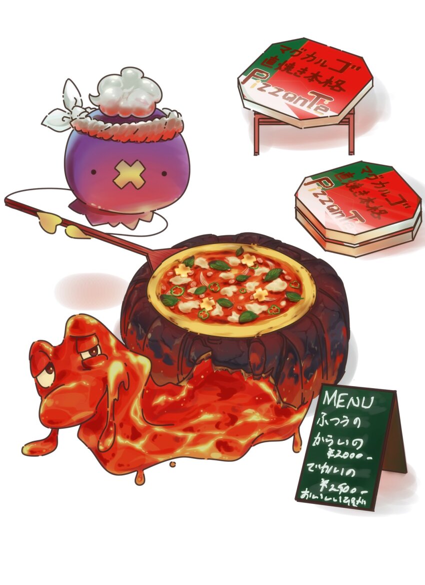 basil_leaf bell_pepper bell_pepper_slice drifloon duosiondrifloon food gen_2_pokemon gen_4_pokemon highres magcargo menu_board nintendo no_humans peel_(tool) pizza pizza_box pokemon pokemon_(creature) table white_background