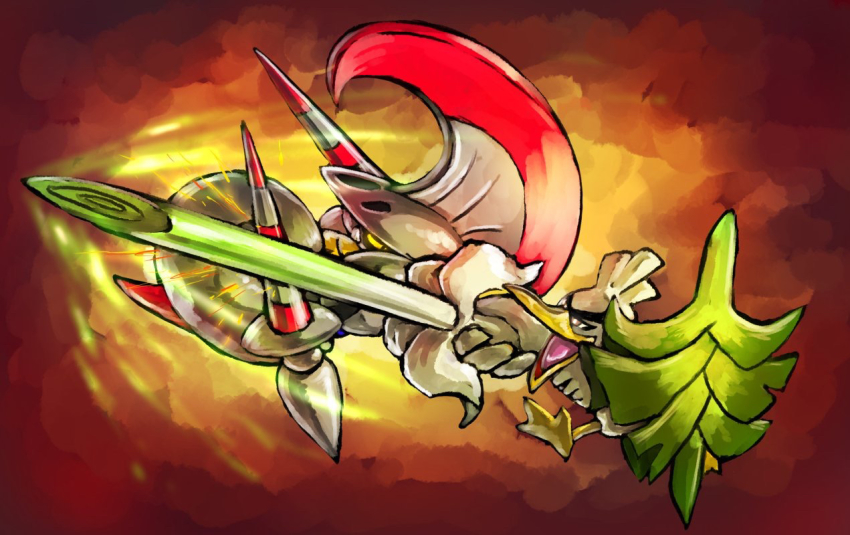 bird duck escavalier feathers gen_5_pokemon gen_8_pokemon helmet holding holding_shield kaosu_(kaosu0905) lance nintendo no_humans open_mouth pokemon pokemon_(creature) polearm red_background shield simple_background sirfetch&#039;d solo sparks spring_onion thick_eyebrows unibrow v-shaped_eyebrows weapon white_feathers