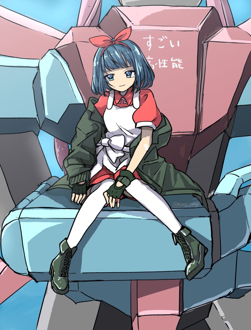 1girl absurdres apron arm_out_of_sleeve blue_background blue_eyes blue_hair bob_cut boots brooch closed_mouth coat fingerless_gloves full_body gloves green_boots green_coat green_gloves hair_ribbon hairband highres jewelry knees_together_feet_apart looking_at_viewer mecha omega_ray omega_sisters omega_symbol open_clothes open_coat puffy_short_sleeves puffy_sleeves red_hairband red_ribbon red_shirt red_shorts ribbon robot shadow shirt short_hair short_sleeves shorts simple_background sitting_on_mecha smile smr_omg solo thighhighs translation_request twitter_username virtual_youtuber white_apron white_thighhighs