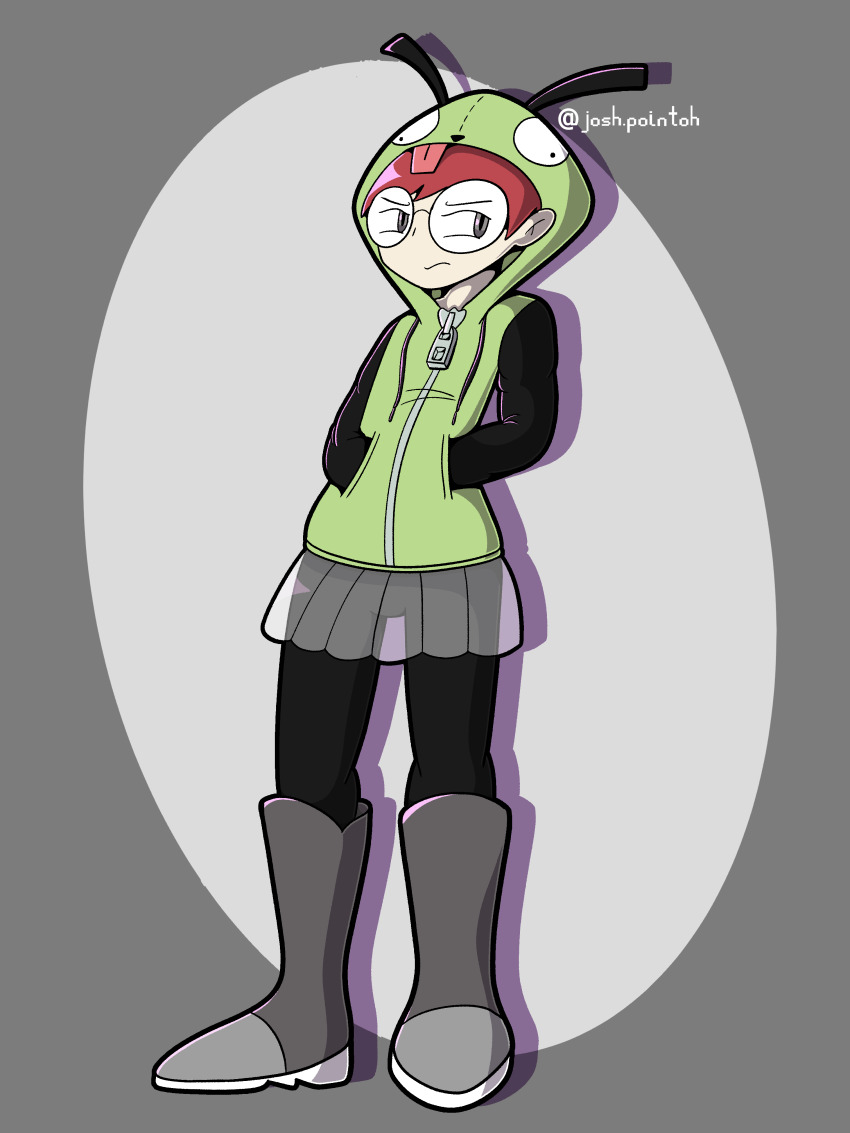 1girl absurdres boots gir_(dog_costume)_(invader_zim) gir_(invader_zim) glasses grey_boots highres hood hoodie invader_zim josh.pointoh nintendo penny_(pokemon) pokemon pokemon_sv round_eyewear see-through_clothes see-through_skirt skirt