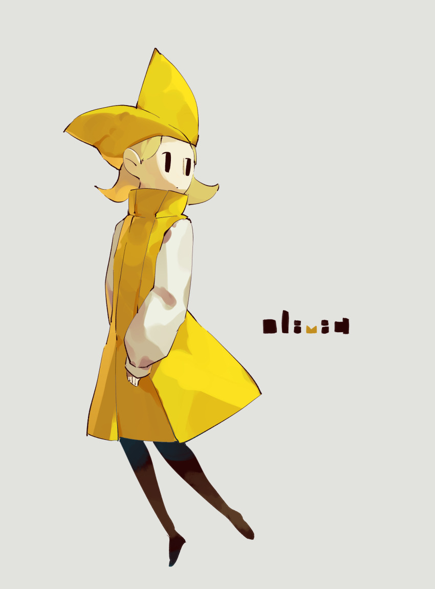 1girl :o absurdres black_eyes blonde_hair character_name dress expressionless full_body grey_background grey_pantyhose hat highres long_sleeves mario_(series) medium_hair mumumu57hiro nintendo olivia_(paper_mario) pantyhose paper_mario paper_mario:_the_origami_king parted_lips personification pinafore_dress puffy_long_sleeves puffy_sleeves shirt simple_background sleeveless sleeveless_dress sleeves_past_wrists solid_oval_eyes solo standing turtleneck turtleneck_dress white_shirt yellow_dress yellow_hat