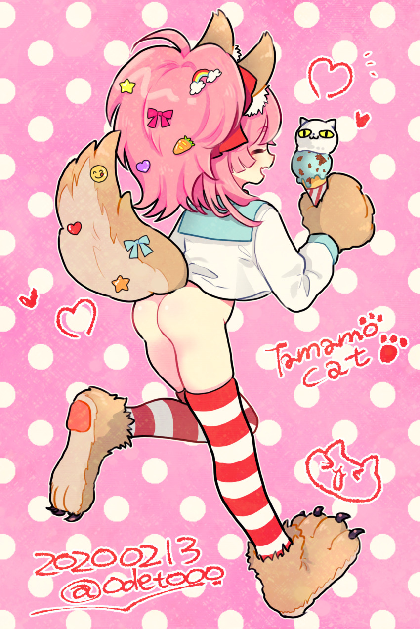1girl animal_ear_fluff animal_ears ass fate/grand_order fate_(series) fox_ears fox_tail from_behind highres holding holding_ice_cream_cone ice_cream_cone no_panties odetooo pink_hair polka_dot polka_dot_background ponytail solo striped_clothes striped_thighhighs tail tamamo_(fate) tamamo_cat_(fate) thighhighs