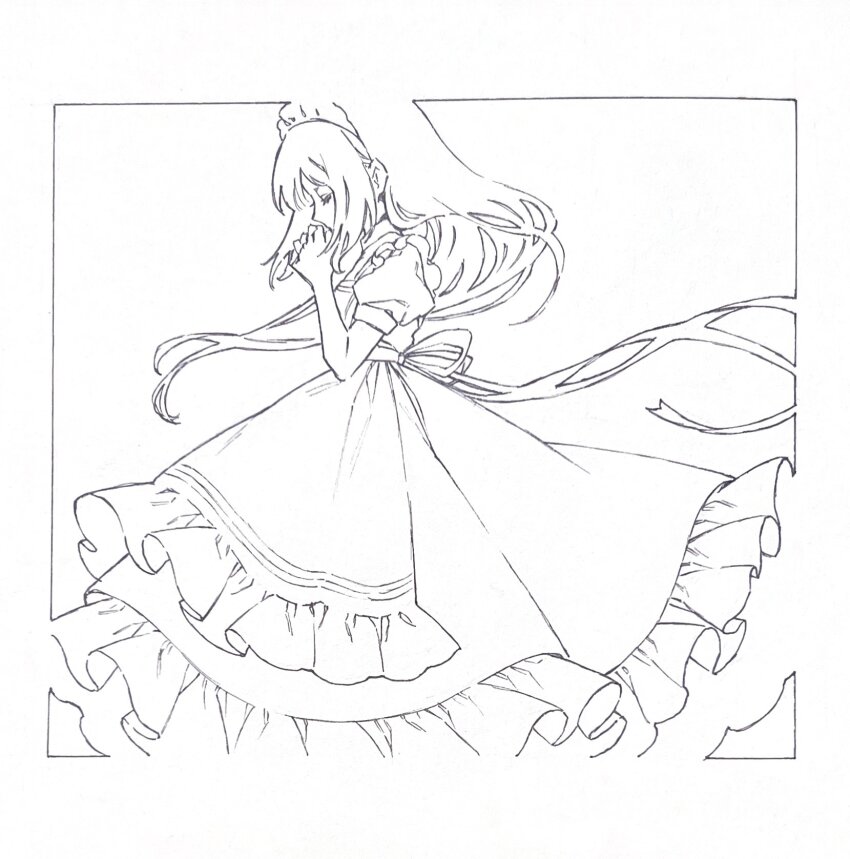 1girl apron closed_eyes commentary_request dress frilled_apron frills goshi-san highres long_hair maid maid_headdress monochrome original profile puffy_short_sleeves puffy_sleeves short_sleeves solo