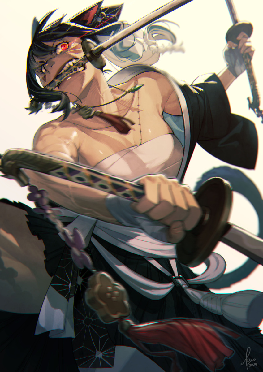 1girl absurdres animal_ears arm_up bandaged_hand bandages black_hair cat_ears cat_girl cat_tail chest_sarashi eye_trail facial_mark fangs final_fantasy final_fantasy_xiv floating_hair glowing glowing_eye hakama hakama_pants high_ponytail highres holding holding_sword holding_weapon japanese_clothes jewelry katana kimono kyo_(kuroichigo) light_trail long_hair looking_at_viewer miqo&#039;te motion_blur mouth_hold one_piece pants parody pendant ponytail red_eyes sarashi scar scar_on_chest shiny_skin skindentation slit_pupils solo stitches sword tail teeth teeth_hold triple_wielding veins veiny_arms warrior_of_light_(ff14) weapon weapon_in_mouth whisker_markings