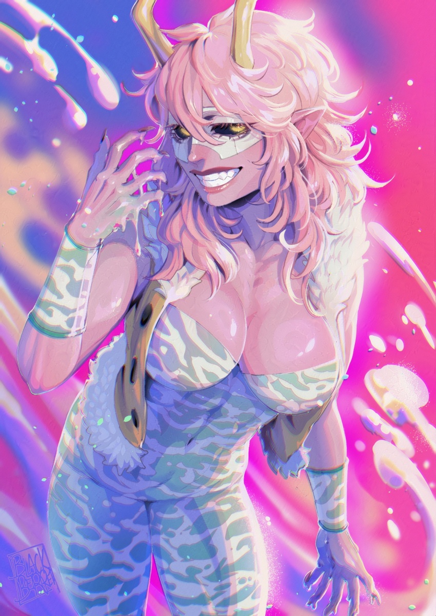 1girl ashido_mina black_sclera blackberreh-art boku_no_hero_academia breasts colored_sclera colored_skin fur-trimmed_vest fur_trim grin highres horns lips long_hair pink_hair pink_skin pointy_ears smile solo teeth unitard vest yellow_eyes yellow_horns