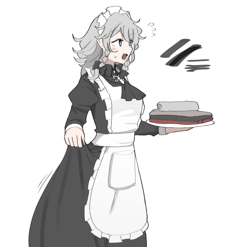 1girl absurdres apron ascot black_ascot black_bow black_dress blue_eyes blush bow braid clothes_lift collared_dress dress dress_lift flying_sweatdrops folded_clothes grey_hair hair_between_eyes hair_bow highres holding holding_unworn_clothes izayoi_sakuya long_sleeves maid maid_headdress mata_(matasoup) open_mouth puffy_sleeves side_braid simple_background solo sweatdrop touhou translation_request twin_braids white_apron white_background