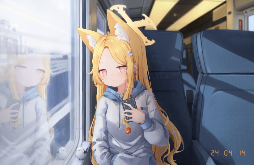 1girl absurdres akizuki_kawakaze animal_ear_fluff animal_ears bird blue_archive earrings forehead fox_ears fox_girl hand_in_pocket highres holding holding_phone hood hoodie jewelry long_hair looking_at_viewer phone pink_eyes seia_(blue_archive) sidelocks train train_interior white_hoodie