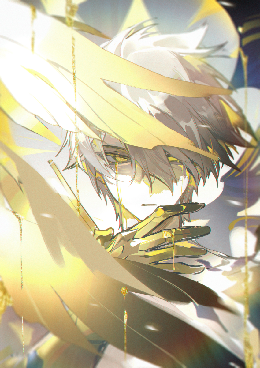1boy absurdres armored_gloves asymmetrical_wings blonde_hair chinese_commentary commentary_request hair_between_eyes halo halo_behind_head highres honkai:_star_rail honkai_(series) iron_hailai looking_at_viewer male_focus phainon_(honkai:_star_rail) short_hair solo spoilers tears wings yellow_blood yellow_eyes