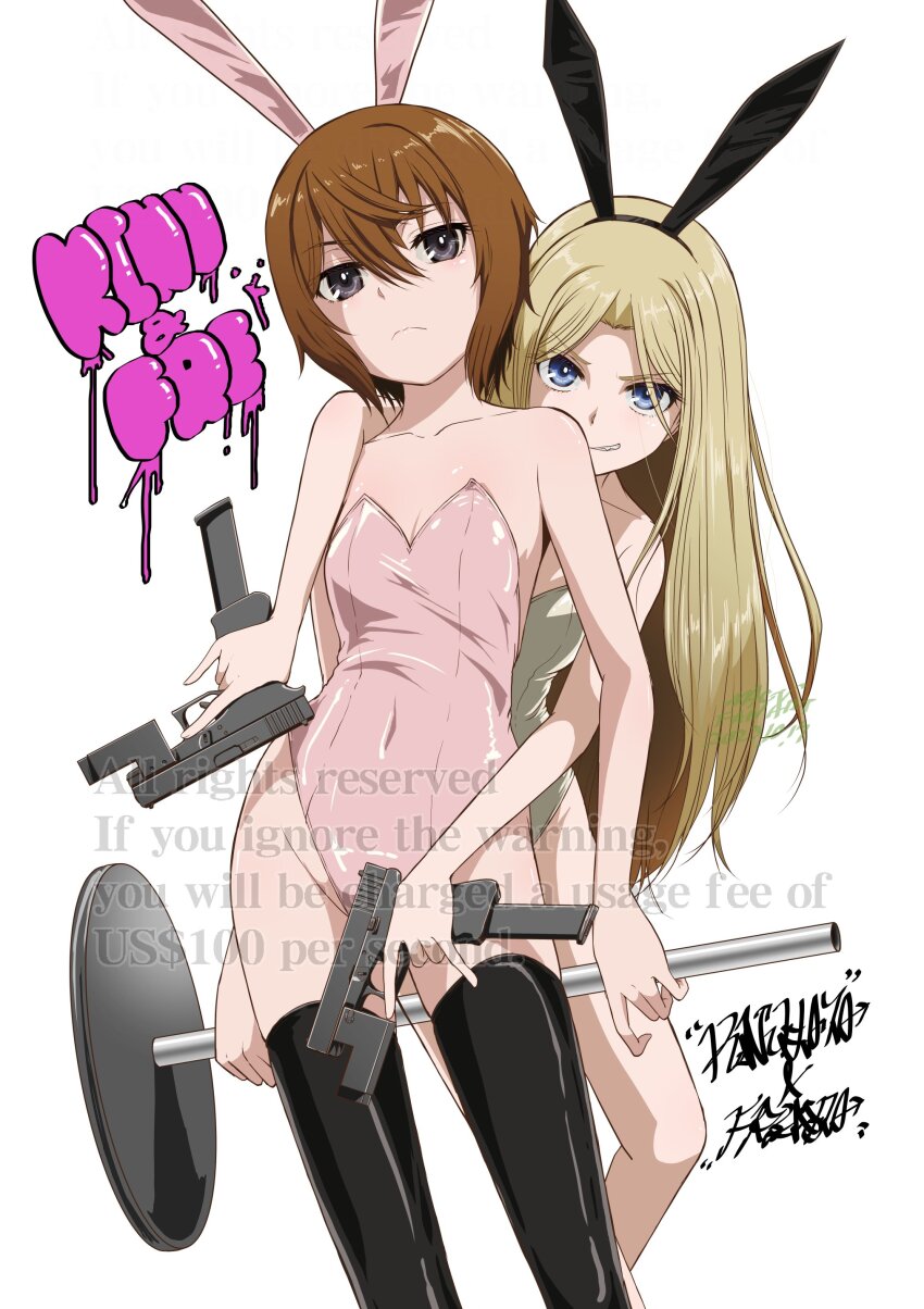 2girls absurdres bare_shoulders black_thighhighs blonde_hair blue_eyes collarbone cowboy_shot flat_chest frenda_seivelun gun highres holding holding_gun holding_weapon kinuhata_saiai leotard long_hair mac-v multiple_girls playboy_bunny signature simple_background thighhighs toaru_anbu_no_item toaru_kagaku_no_railgun toaru_majutsu_no_index upper_body watermark weapon white_background