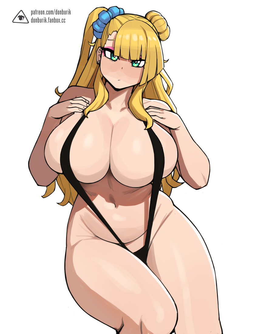 1girl absurdres blonde_hair donburi_(donburikazoku) galko green_eyes gyaru highres oshiete!_galko-chan revealing_clothes simple_background slingshot_swimsuit solo swimsuit white_background