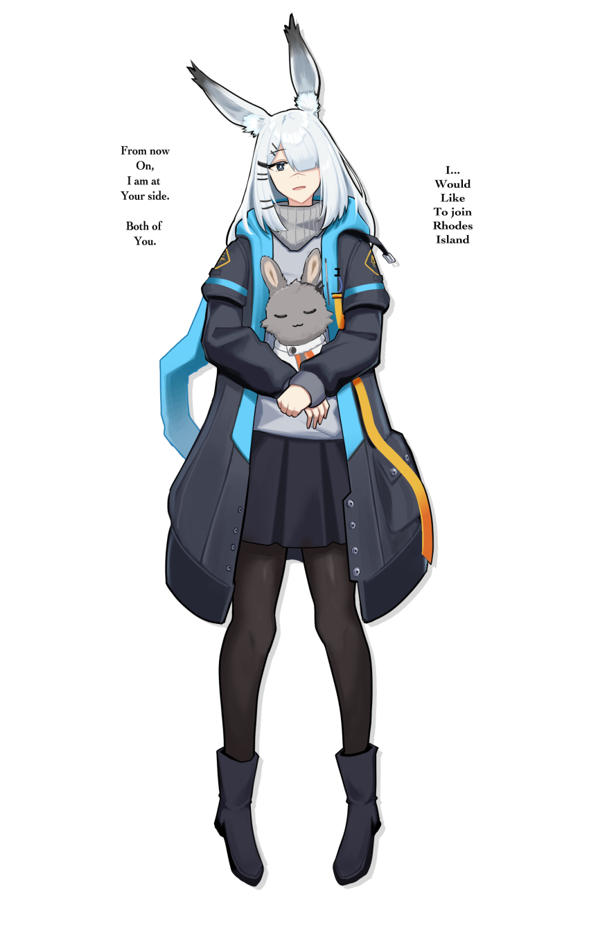 1girl :d absurdres animal_ears ankle_boots arknights black_boots black_coat black_eyes black_pantyhose black_skirt boots bright_pupils coat commentary commission english_commentary english_text frostnova_(arknights) full_body hair_ornament hair_over_one_eye hairclip highres holding holding_stuffed_toy long_sleeves medium_hair one_eye_covered open_clothes open_coat open_mouth pantyhose pleated_skirt scar scar_on_face scar_on_nose simple_background skirt smile solo standing stuffed_animal stuffed_toy tofudofu white_background white_hair white_pupils