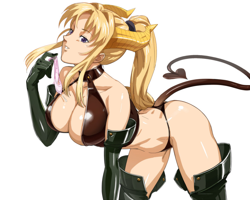 1girl all_fours bible_black bikini black_gloves black_thighhighs blonde_hair blue_eyes bondage_outfit breasts brown_bikini carrera carrera_(viper)_(cosplay) cleavage collarbone condom cosplay demon_girl demon_horns demon_tail elbow_gloves gloves groin hair_intakes hand_up holding holding_condom horns large_breasts leaning_forward lips long_hair looking_at_viewer o/p.com parted_lips ponytail purple_eyes saeki_kaori sidelocks simple_background smile solo swimsuit tail thighhighs thong used_condom viper_(series) viper_gts white_background wide_hips