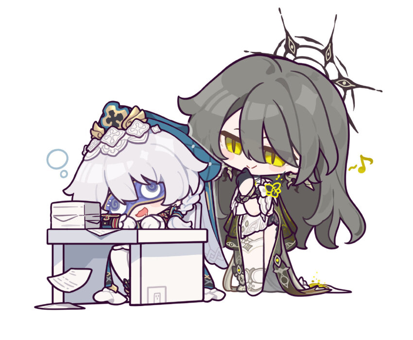 2girls asymmetrical_clothes asymmetrical_legwear blue_veil braid covering_own_mouth earrings eta eye_mask gloves grey_hair hair_between_eyes half_gloves halo honkai_(series) honkai_impact_3rd jewelry light_blush light_smile long_hair long_sleeves meme multiple_girls musical_note official_alternate_costume official_art open_mouth pantyhose papers peacock_feathers_hair_ornament saliva sidelocks single_half_glove sitting sleeping slit_pupils standing table teri_derp_(meme) theresa_apocalypse_(astralop) too_many_papers veil vita_(eldritch_vantage)_(honkai_impact) white_background white_hair white_pantyhose yellow_eyes