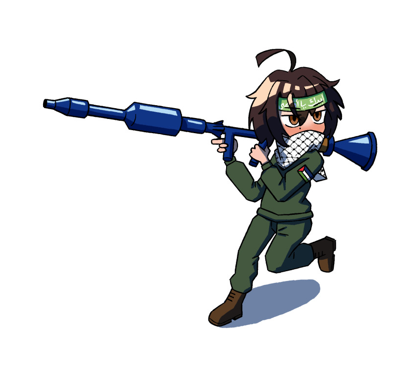1boy brown_eyes brown_hair chibi dated hamas headband highres israel-hamas_war keffiyeh military military_fatigues military_uniform mole mole_under_eye palestine palestinian_flag rocket_launcher rpg rpg-7 rpg_(weapon) scarf sma3in soldier war weapon