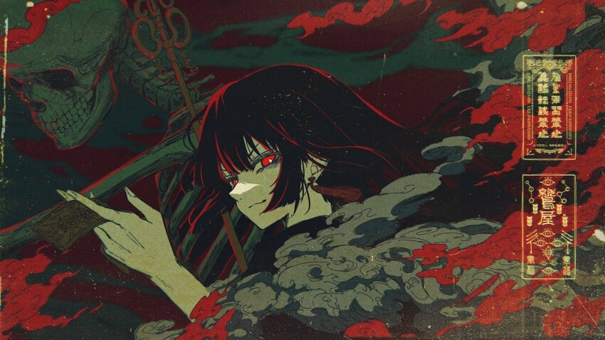 1girl between_fingers black_hair bright_pupils closed_mouth earrings floating_hair from_side hair_between_eyes highres holding holding_ofuda jewelry looking_at_viewer multicolored_hair ofuda original red_eyes red_hair shakujou skeleton smile smoke staff streaked_hair two-tone_hair upper_body v-shaped_eyebrows washiya0 white_pupils