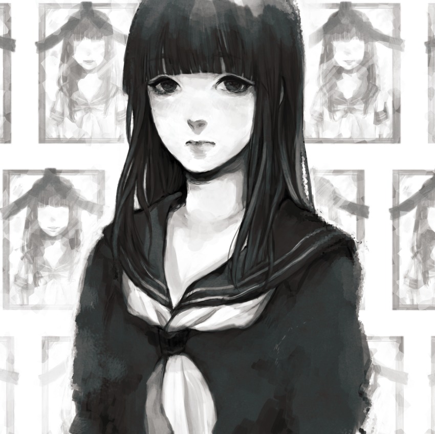 1girl expressionless female_focus greyscale hayakawa_ryouko highres iei monochrome photo_(object) school_uniform serafuku shibito_no_koe_wo_kiku_ga_yoi solo tatsuko_(chenzi) upper_body
