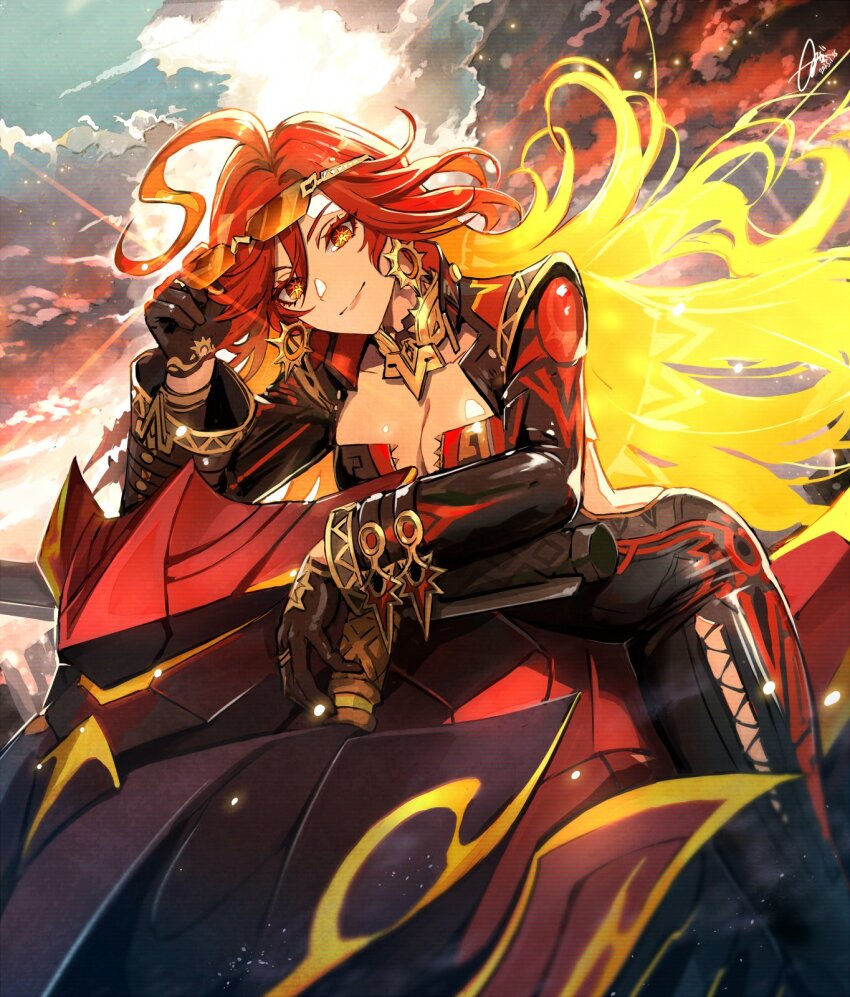 1girl adjusting_eyewear ahoge biker_clothes bikesuit black_bodysuit black_gloves bodysuit breasts earrings flamestrider_(genshin_impact) genshin_impact gloves highres jewelry long_hair long_sleeves looking_at_viewer mavuika_(genshin_impact) motor_vehicle motorcycle multicolored_hair nijihayashi on_motorcycle orange_eyes orange_hair orange_pupils red_hair smile solo sun_earrings sunglasses symbol_in_eye two-tone_hair very_long_hair
