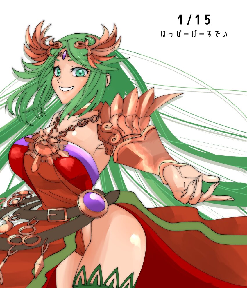 1girl abababu000 alternate_color breasts circlet collarbone cowboy_shot dated green_eyes green_hair green_thighhighs highres kid_icarus kid_icarus_uprising looking_at_viewer nintendo palutena solo super_smash_bros. thighhighs thighs