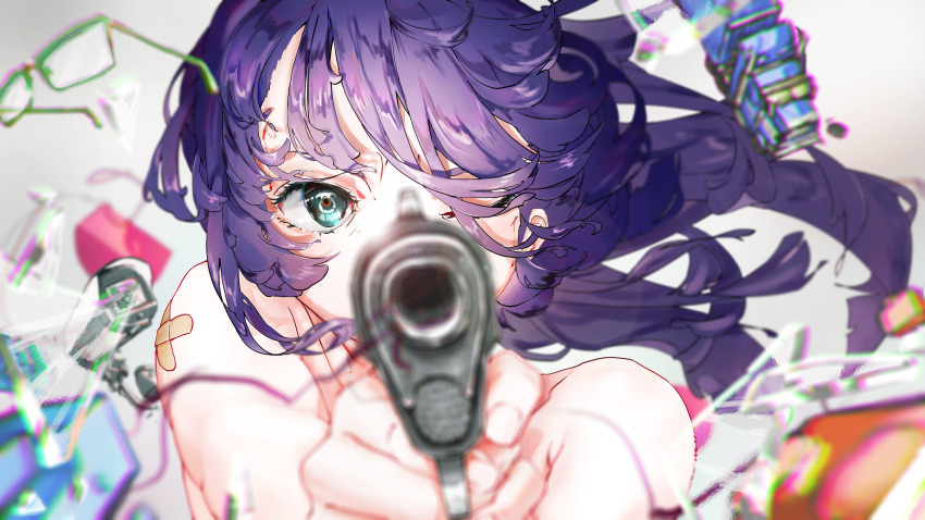 1girl absurdres bandaid bandaid_on_shoulder commentary english_commentary floating_hair glaw green-framed_eyewear gun highres holding holding_gun holding_weapon long_hair one_eye_closed original purple_hair security_camera solo toy_truck weapon