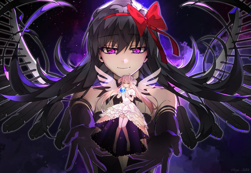 2girls absurdres akemi_homura akuma_homura black_dress black_feathers black_gloves black_hair closed_mouth commentary dress earth_(planet) elbow_gloves feathered_wings feathers floating_hair gloves hair_ribbon highres kaname_madoka korean_commentary long_hair looking_at_another mahou_shoujo_madoka_magica mahou_shoujo_madoka_magica:_hangyaku_no_monogatari multiple_girls pink_dress pink_hair planet purple_eyes red_ribbon ribbon short_twintails show_1818 smile space spoilers twintails ultimate_madoka wings