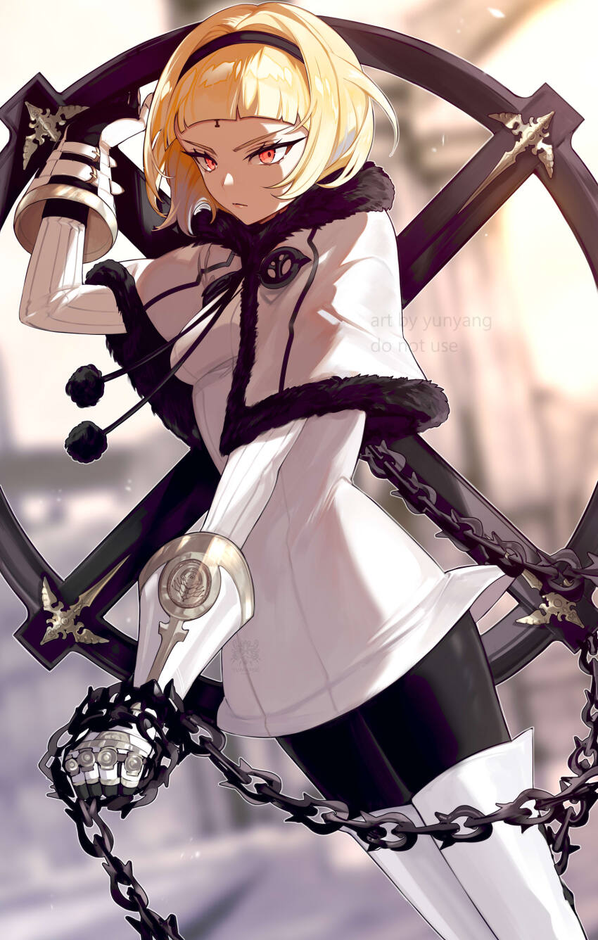 1girl absurdres black_hairband black_pants blonde_hair blunt_bangs blurry blurry_background boots capelet chain closed_mouth commentary drag-on_dragoon drag-on_dragoon_3 english_commentary fur-trimmed_capelet fur_trim gauntlets gloves glowing glowing_eyes hairband highres holding holding_weapon jacket looking_ahead looking_at_viewer one_(drag-on_dragoon) pants red_eyes serious short_hair sidelighting simple_background solo standing thigh_boots thighhighs watermark weapon wheel white_boots white_gloves white_jacket yun-yang