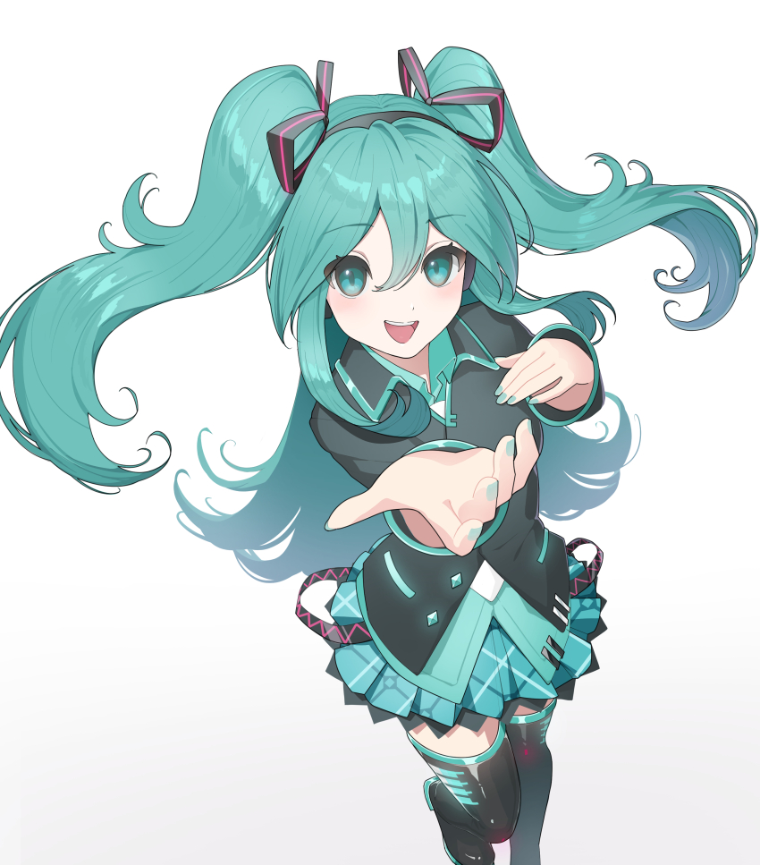 1girl absurdres alternate_hairstyle aqua_eyes aqua_hair aqua_nails aqua_skirt aqua_trim black_boots black_headphones black_jacket boots collared_jacket commentary feet_out_of_frame from_above gradient_background hair_between_eyes hair_ribbon hand_on_own_chest hatsune_miku hatsune_miku_(if) headphones highres jacket leg_up long_hair long_sleeves looking_at_viewer nami_(rick_nami) open_mouth outstretched_arm plaid_clothes plaid_skirt pleated_skirt reaching reaching_towards_viewer ribbon shirt simple_background skirt smile standing standing_on_one_leg striped_ribbon thigh_boots two_side_up very_long_hair vocaloid