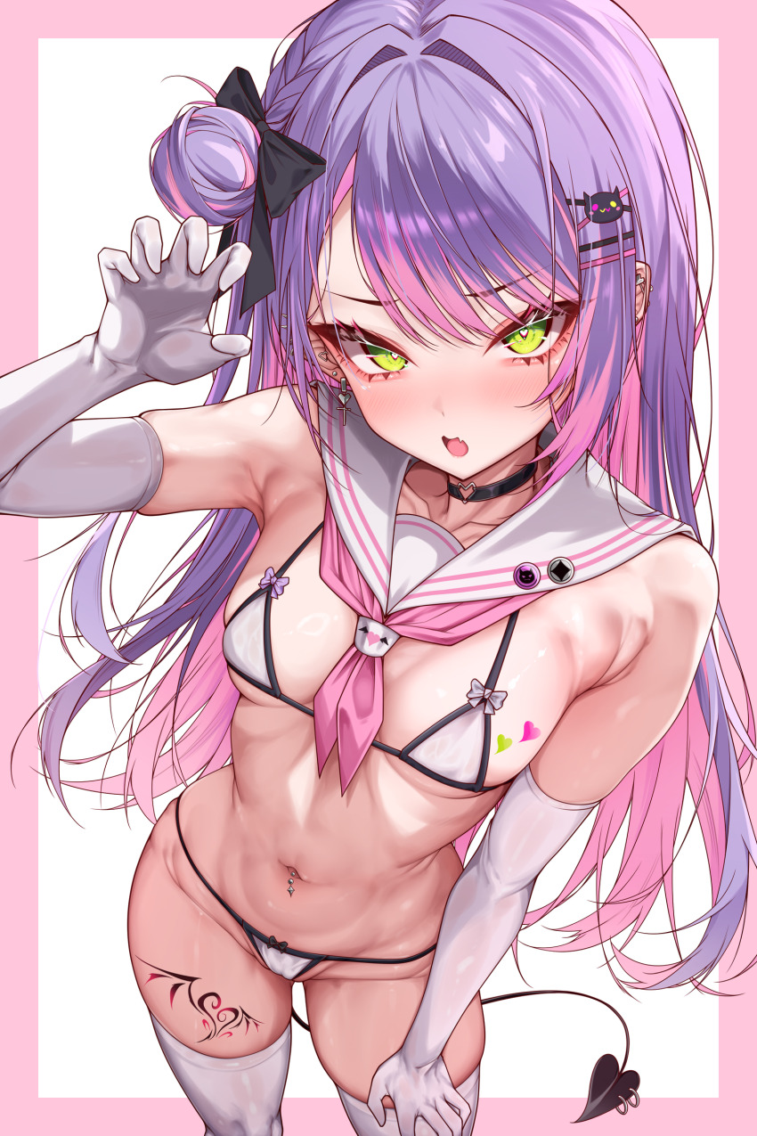 1girl :o absurdres amaki_daisuke arm_up bikini border breasts character_hair_ornament demon_tail ear_piercing earrings elbow_gloves fang gloves green_eyes hair_bun hair_ornament hairclip highres hololive jewelry leg_tattoo multicolored_hair multiple_piercings navel_piercing neckerchief piercing pink_border pink_hair pink_neckerchief purple_hair sailor_collar small_breasts solo swimsuit tail tail_ornament tail_ring tattoo thighhighs tokoyami_towa two-tone_hair virtual_youtuber white_bikini white_gloves white_thighhighs