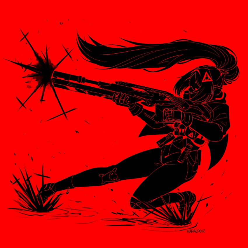 absurdres blindfold covered_eyes eye_mask fingerless_gloves gloves glowing_mask gun gunblade hadalogic hair_ornament highres latex_pants pants ponytail red_background rifle shrug_(clothing) sniper_rifle tight_clothes tight_pants triangle_hair_ornament trigger_(zenless_zone_zero) ultrakill weapon zenless_zone_zero