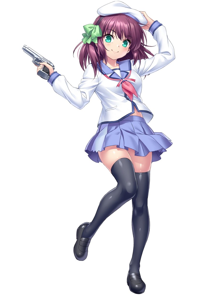1girl absurdres angel_beats! arm_up black_footwear black_hairband black_thighhighs blue_sailor_collar blue_skirt bow collarbone full_body green_bow gun hair_bow hairband handgun hat highres holding holding_gun holding_weapon long_hair long_sleeves looking_at_viewer miniskirt pink_neckwear pleated_skirt purple_hair sailor_collar sailor_shirt shiny_skin shirt simple_background skirt solo thighhighs weapon white_background white_headwear white_shirt nakamura_yuri zen zettai_ryouiki