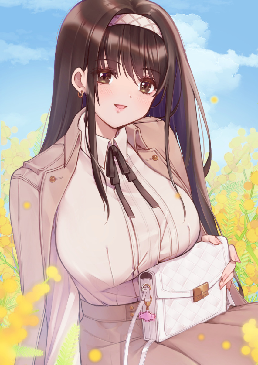 1girl bag black_hair black_ribbon blush breasts brown_skirt chami_(charming621) collared_shirt diesel_(nikke) diesel_(strawberry_flower)_(nikke) goddess_of_victory:_nikke hairband high-waist_skirt highres large_breasts long_hair long_sleeves looking_at_viewer neck_ribbon official_alternate_costume open_mouth outdoors ribbon shirt skirt smile solo white_hairband white_shirt