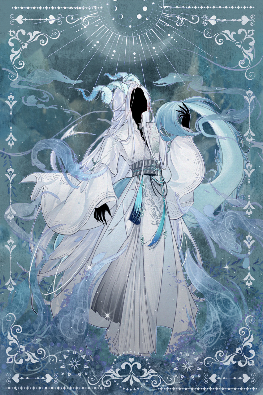 1boy animal_ears arm_at_side baiguigelierwan black_skin blue_background blue_horns boots border cael_anselm cael_anselm_(myths_wonders) chinese_clothes chinese_commentary claws colored_skin comb_over curled_horns curtained_hair dragon_boy dragon_horns dragon_tail faceless faceless_male facing_up full_body grey_sash hanfu highres holding_own_tail horns long_hair long_sleeves lovebrush_chronicles male_focus moon_phases ornate_border robe sash seigaiha smoke solo standing tail very_long_hair waist_sash white_boots white_hair white_hanfu white_robe wide_sleeves yaopei
