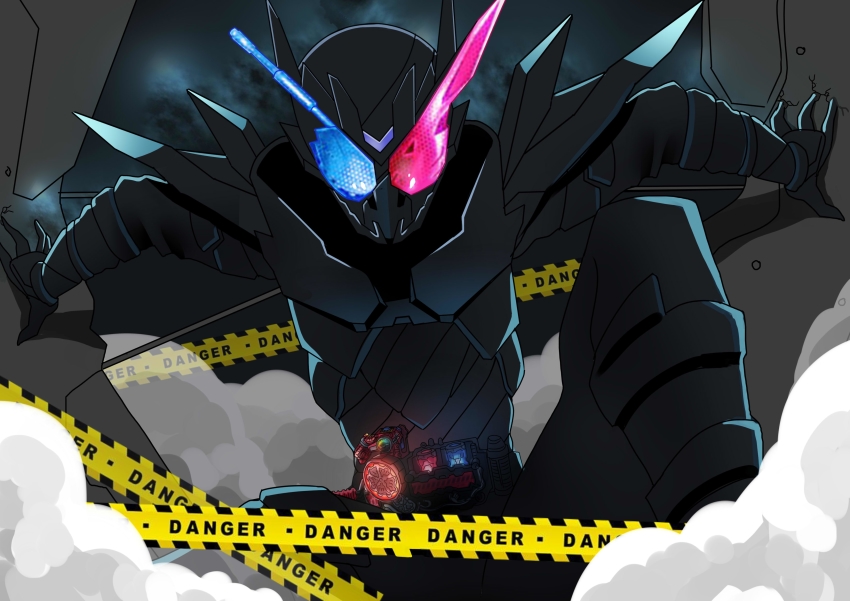 1boy absurdres armor black_armor blue_eyes breaking_and_entering build_driver caution_tape compound_eyes container rider_belt hazard_stripes hazard_trigger heterochromia highres kamen_rider kamen_rider_build kamen_rider_build_(series) landing looking_at_viewer male_focus pdc rabbit+tank_form_(black_hazard) rabbit_fullbottle red_eyes science_fiction shoulder_armor solo squatting tank_fullbottle