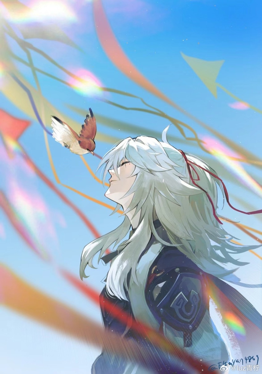 1boy ahoge armor artist_name beak bird black_cape bloom blue_sky blurry cape chinese_clothes closed_eyes closed_mouth day feathered_wings flying grey_hair hair_ribbon high_ponytail highres honkai:_star_rail honkai_(series) jacket jing_yuan long_hair long_sleeves male_focus mole mole_under_eye outdoors ponytail puffy_long_sleeves puffy_sleeves red_cape red_ribbon ribbon sidelocks sky two-sided_cape two-sided_fabric upper_body weibo_6159712244 white_jacket wings
