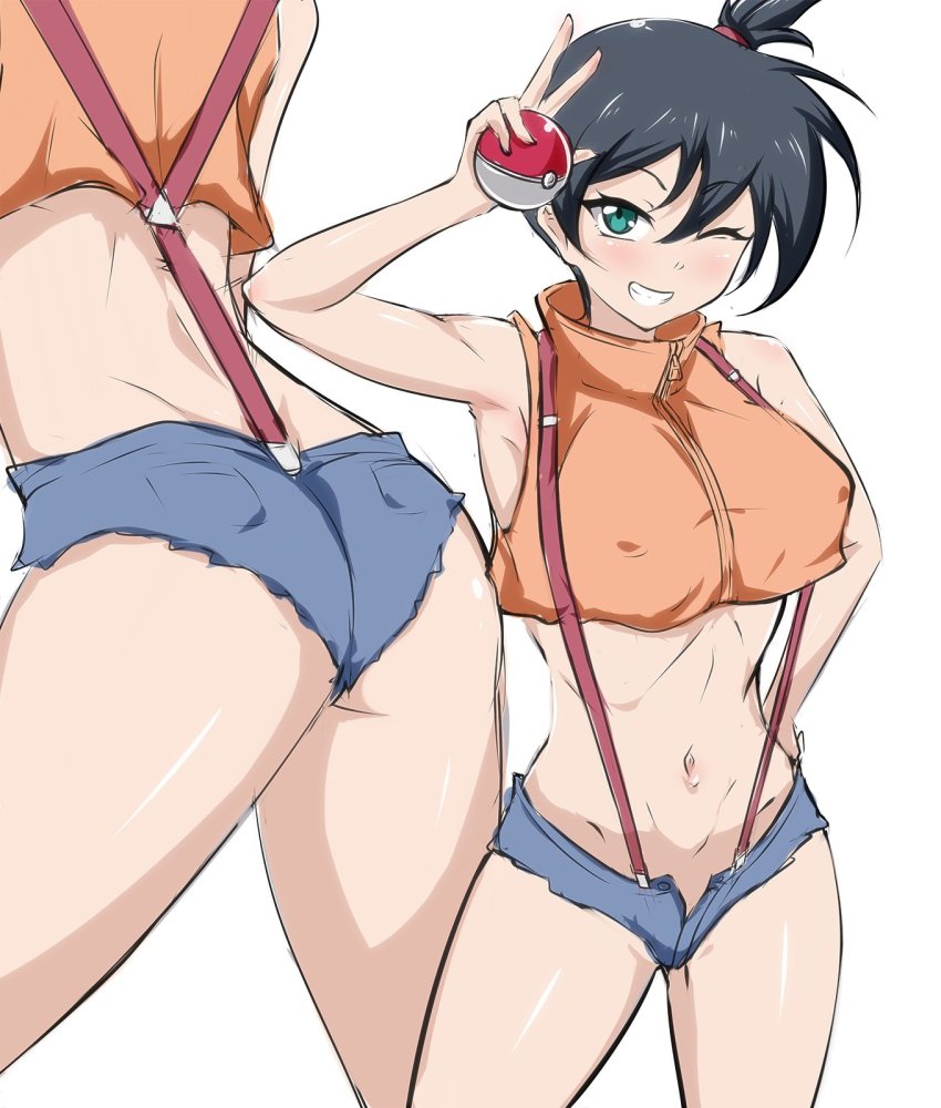 1girl armpits ass asymmetrical_hair black_hair blush breasts danpu denim denim_shorts green_eyes highres holding holding_poke_ball large_breasts legs misty_(pokemon) navel nintendo nipples one_eye_closed poke_ball pokemon pokemon:_the_electric_tale_of_pikachu ponytail sex_toy shirt shorts side_ponytail solo suspenders swimsuit tank_top thighs wink yellow_shirt