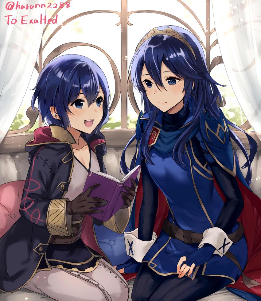 2girls :d absurdres artist_name black_robe blue_eyes blue_gloves blue_hair book breasts brown_gloves cape cleavage closed_mouth collarbone commentary commission commissioner_name curtains english_commentary fingerless_gloves fire_emblem fire_emblem_awakening gloves hair_between_eyes haru_(nakajou-28) highres holding holding_book indoors long_hair long_sleeves looking_at_another looking_at_viewer lucina_(fire_emblem) female_morgan_(fire_emblem) mother_and_daughter multiple_girls nintendo open_clothes open_mouth open_robe pants robe second-party_source shirt skeb_commission small_breasts smile teeth tiara twitter_username upper_teeth_only watermark white_pants white_shirt white_wrist_cuffs window wrist_cuffs