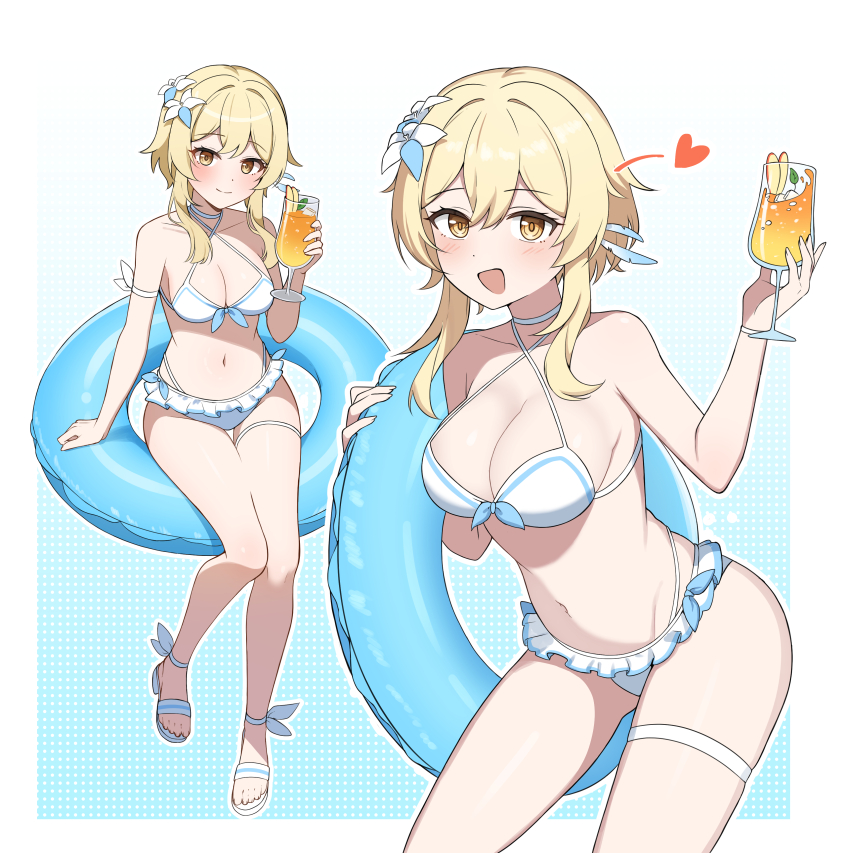 1girl absurdres bikini blonde_hair blue_innertube blush breasts cleavage closed_mouth criss-cross_halter cup dated_commentary drinking_glass flower full-face_blush genshin_impact hair_between_eyes hair_flower hair_ornament halterneck highres holding holding_cup holding_swim_ring innertube jhp987 large_breasts looking_at_viewer lumine_(genshin_impact) multiple_views navel open_mouth outline short_hair_with_long_locks sitting smile stomach swim_ring swimsuit white_bikini white_flower white_outline wine_glass yellow_eyes
