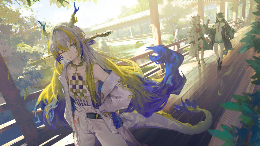 3girls absurdres aqua_eyes arknights bandeau bare_shoulders black_footwear black_hair black_jacket blonde_hair bloom boots closed_eyes closed_mouth coat colored_skin commentary day dragon_girl dragon_horns dragon_tail dress dusk_(arknights) floating_hair foreshortening green_horns grey_hair grey_tail grin gyoukan_(jfxc) hair_over_one_eye hand_on_own_hip hand_up highres horns jacket jewelry leaf long_hair long_sleeves looking_at_another looking_back multicolored_hair multiple_girls necklace necktie nian_(arknights) off_shoulder one_eye_closed open_clothes open_coat open_jacket open_mouth pants plant pointy_ears pond purple_hair purple_horns purple_tail railing red_bandeau red_hair red_horns red_necktie red_pupils reflection rock shoes short_dress shorts shu_(arknights) smile standing strapless streaked_hair sunlight tail tree tube_top very_long_hair walking water white_coat white_dress white_footwear white_hair white_jacket white_pants white_shorts white_tube_top wooden_floor yellow_horns yellow_tail