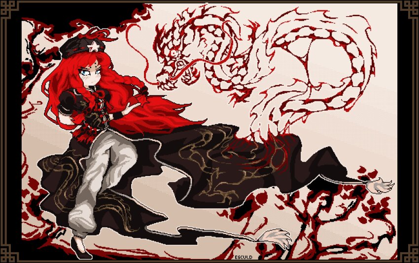 1girl absurdres artist_name beret black_coat black_shoes blue_eyes braid coat commentary dragon dragon_print esculd full_body hat hat_ornament highres hong_meiling koumajou_densetsu long_hair looking_at_viewer pants pixel_art red_hair shoes side_braids solo star_(symbol) star_hat_ornament touhou tree twin_braids white_pants