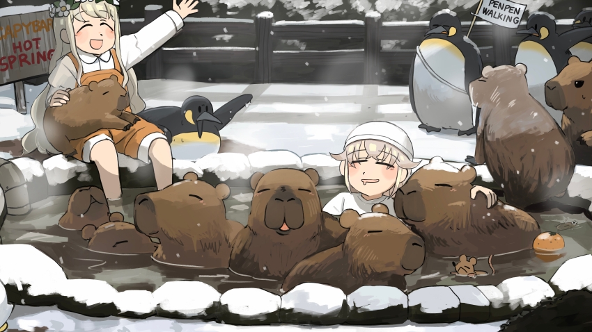 2girls :d ^_^ absurdres bird capybara_keeper_(diva) closed_eyes commentary diva_(hyxpk) donut_stamp drooling duck english_commentary flower_wreath food fruit grey_hair highres king_penguin long_hair mandarin_orange mouse_(animal) mouth_drool multiple_girls onsen open_mouth orange_overalls overalls penguin penguin_keeper_(diva) shirt short_hair sitting smile snow swim_cap wading white_shirt white_swimcap zoo zookeeper zookeepers_(diva)