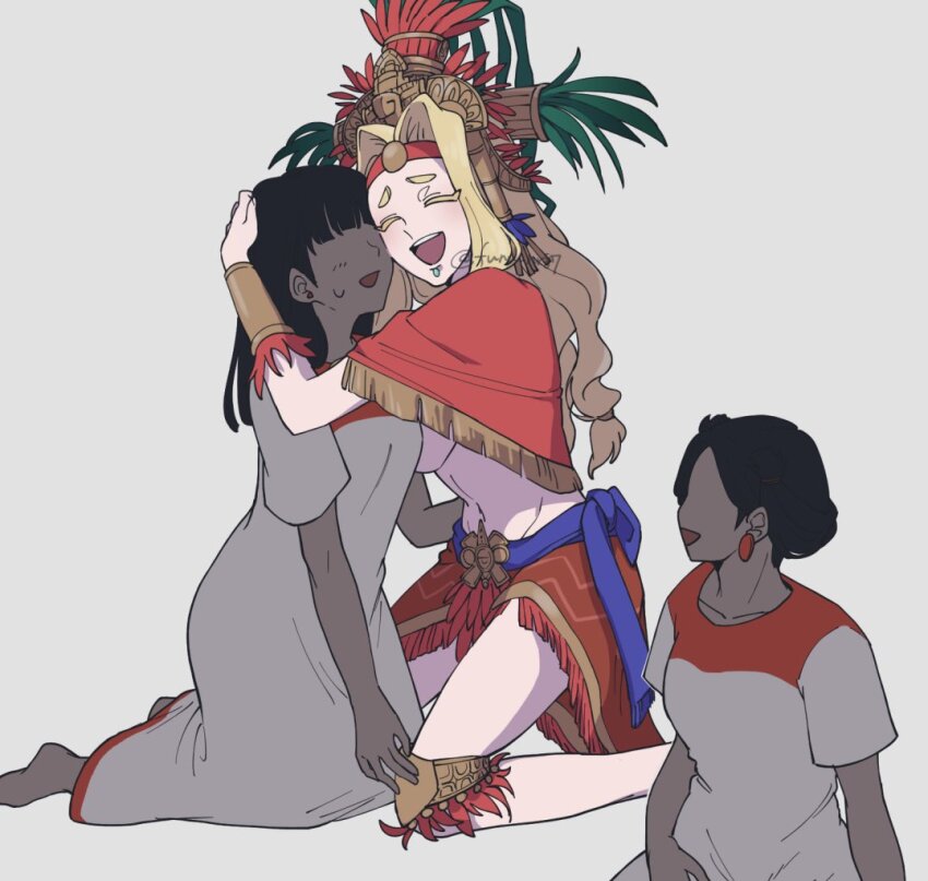 3girls aztec blonde_hair blush dark-skinned_female dark_skin fate/grand_order fate_(series) happy hug huna_nr long_hair looking_at_another multiple_girls poncho quetzalcoatl_(fate) skirt