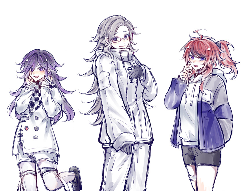 3girls ahoge aotsuki_eito black_gloves black_shoes black_shorts black_streaks blue_eyes blue_jacket blush checkered_clothes checkered_scarf chinese_commentary cowboy_shot creator_connection crossover danganronpa_(series) danganronpa_v3:_killing_harmony genderswap genderswap_(mtf) glasses gloves grey_hair grey_jacket hair_between_eyes hand_up hands_up highres hood hoodie jacket jacket_over_hoodie leg_up long_hair long_sleeves looking_at_viewer medium_hair multicolored_hair multicolored_jacket multiple_girls oma_kokichi pants ponytail purple_eyes purple_hair red_hair scarf shoes shorts simple_background sleeve_pouch smile streaked_hair sumino_takumi the_hundred_line_-last_defense_academy- thigh_strap tianyintonghua two-tone_jacket white_background white_hoodie white_jacket white_pants white_shorts