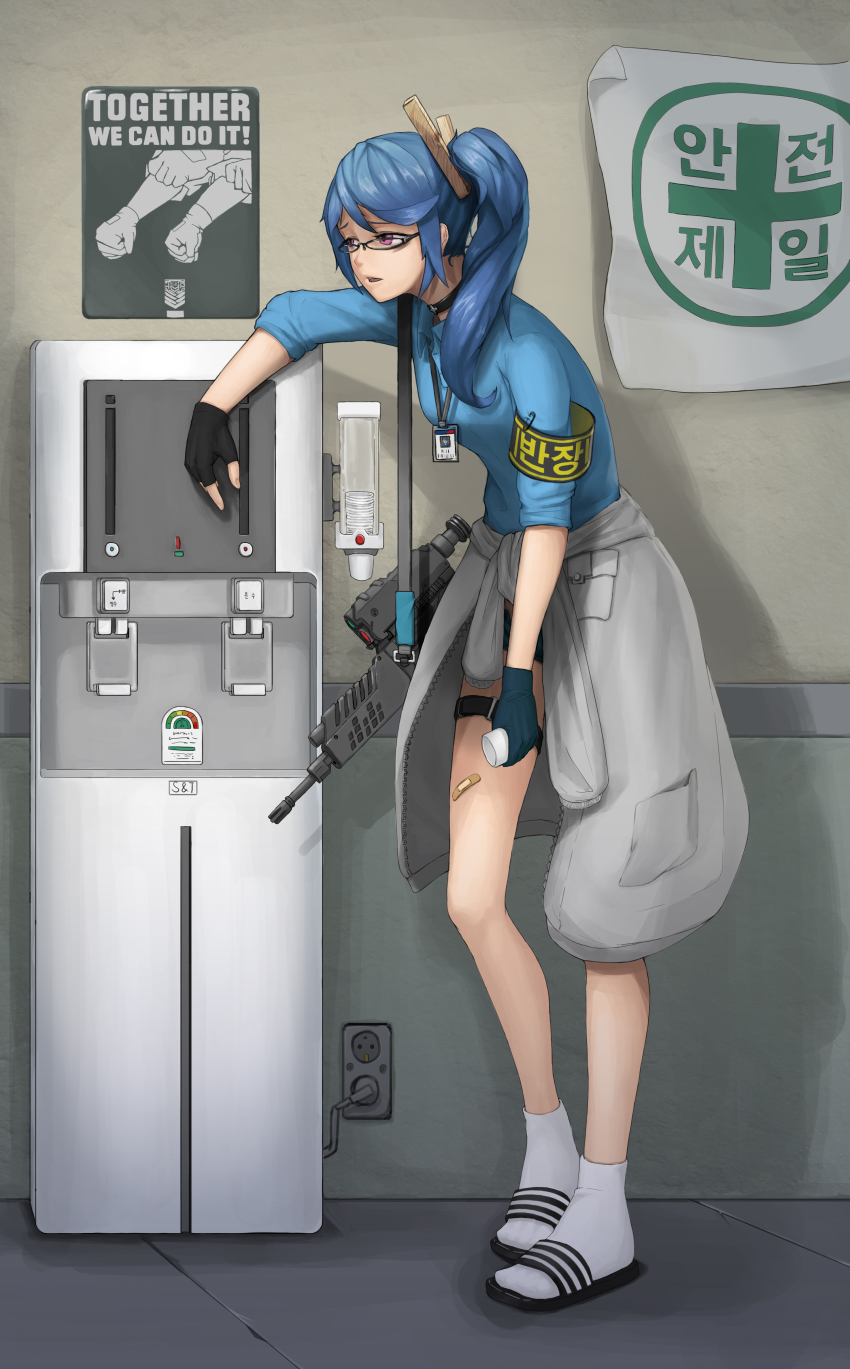 1girl absurdres airburst_grenade_launcher assault_rifle blue_hair blush bolt-action_grenade_launcher bolt_action bras_d&#039;honneur breasts bullpup burst_fire_gun burst_fire_rifle carbine collarbone computerized_scope daewoo_k11 english_text evachohoki female_focus girls&#039;_frontline grenade_launcher gun highres k11_(girls&#039;_frontline) long_hair messy_hair multi-weapon multiple-barrel_gun precision-guided_firearm purple_eyes rifle scope shirt short-barreled_rifle shorts side_ponytail sidelocks sight_(weapon) smart_scope smile solo telescopic_sight thermal_weapon_sight underbarrel_assault_rifle underbarrel_rifle weapon