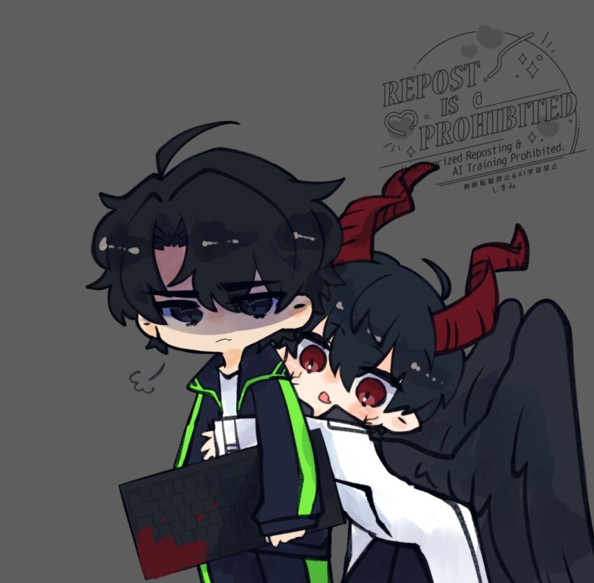 2boys :o black_coat black_eyes black_hair black_shirt black_wings blood breath coat collared_shirt colored_veins commentary computer_keyboard demon_horns double-parted_bangs english_commentary feathered_wings hair_between_eyes highres holding_computer_keyboard horns hug hug_from_behind kim_dokja kimidori_22 male_focus multiple_boys omniscient_reader&#039;s_viewpoint open_clothes open_coat partially_shaded_face popped_collar shirt short_hair white_coat wings yoo_joonghyuk