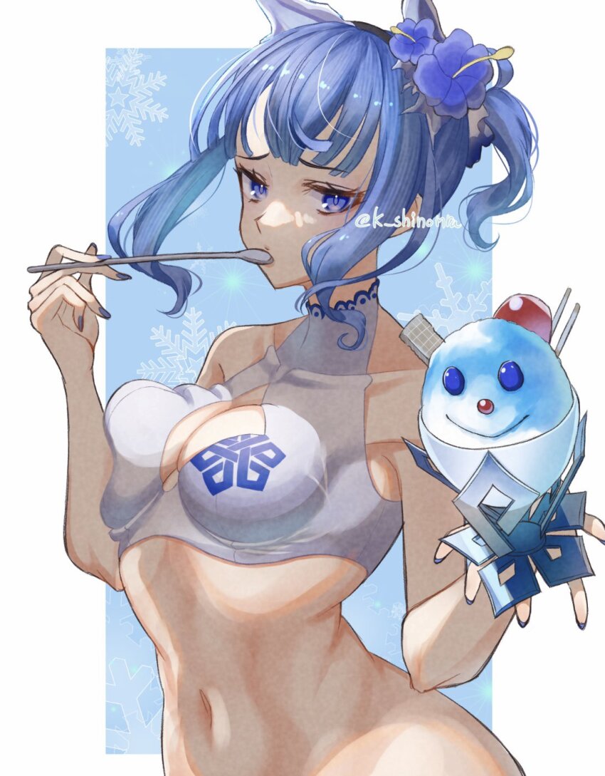 1girl bare_shoulders bikini bikini_top_only blue_eyes blue_hair blue_nails blunt_bangs breast_press breasts cleavage cleavage_cutout clothing_cutout fire_emblem fire_emblem_heroes food highres holding holding_food holding_ice_cream holding_spoon ice_cream karashino medium_breasts nail_polish navel nifl_(fire_emblem) nifl_(summer)_(fire_emblem) nintendo official_alternate_costume official_alternate_hairstyle ponytail shaved_ice short_hair sidelocks solo spoon swimsuit white_bikini