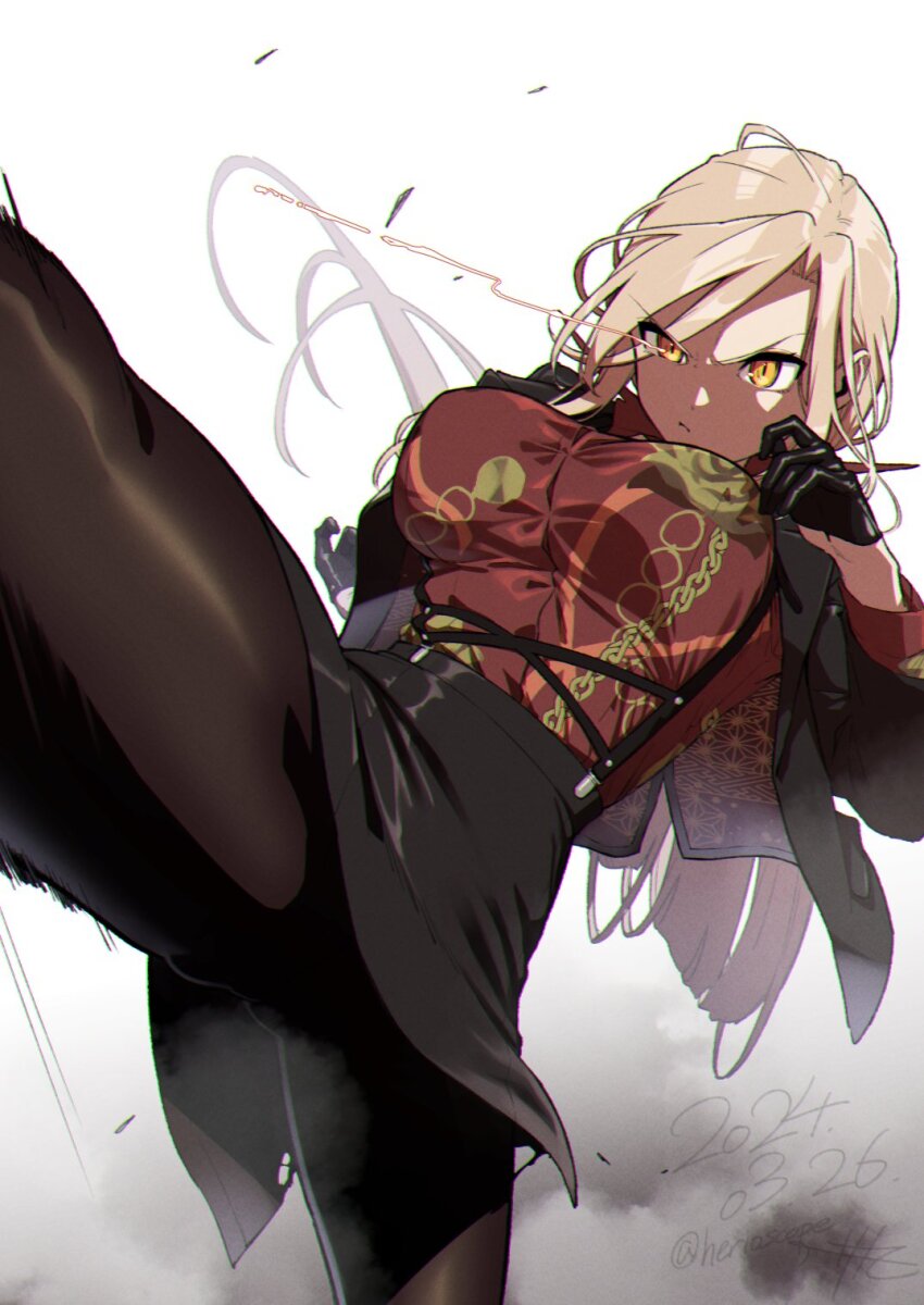 1girl black_gloves blonde_hair breasts formal_clothes gloves half_gloves herio highres kicking large_breasts long_hair long_sleeves nijisanji nui_sociere nui_sociere_(9th_costume) official_alternate_costume pantyhose pencil_skirt print_shirt shirt skirt suit virtual_youtuber yakuza yellow_eyes