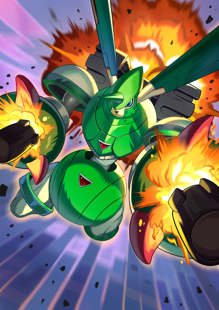 absurdres arm_cannon armor blue_eyes blurry blurry_background currynoodle_art digimon digimon_(creature) digimon_tamers explosion green_armor highres horns missile rapidmon_(perfect) single_horn solo weapon