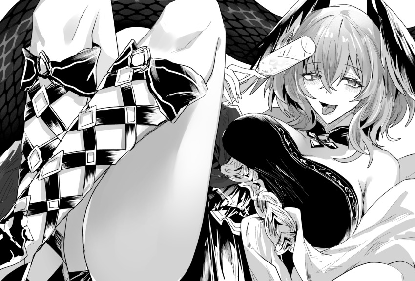1girl arknights bare_shoulders breasts champagne_flute commentary cup dress drinking_glass feet_out_of_frame greyscale gun head_wings ho&#039;olheyak_(carriage_of_the_winds_of_time)_(arknights) holding holding_gun holding_weapon iwashi_80 large_breasts looking_at_viewer medium_hair monochrome official_alternate_costume open_mouth short_dress solo strapless strapless_dress symbol-only_commentary tongue tongue_out weapon wings