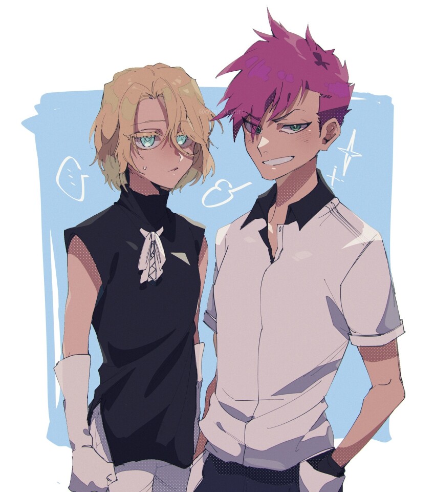 ... 2boys aged_down arm_at_side bazz-b black_shirt bleach bleach:_sennen_kessen-hen blonde_hair blush closed_mouth colored_eyelashes commentary_request eyes_visible_through_hair gloves green_eyes grin hair_between_eyes hand_in_pocket highres jitome jugram_haschwalth looking_at_viewer male_focus multiple_boys nose ovasayuri pink_hair puff_of_air shirt short_hair short_sleeves sleeveless sleeveless_shirt smile sparkle spiked_hair spoken_ellipsis sweatdrop tsurime twitter_username v-shaped_eyebrows white_gloves white_shirt
