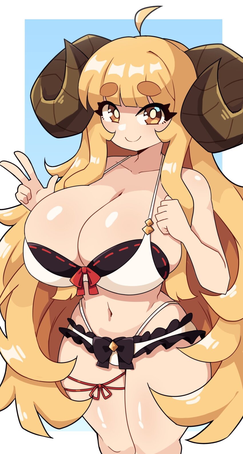 1girl absurdres ahoge anila_(granblue_fantasy) bikini black_bow blonde_hair blue_background blunt_bangs border bow breasts bright_pupils cleavage closed_mouth collarbone daigada granblue_fantasy highres horns huge_breasts layered_bikini leg_ribbon long_hair looking_at_viewer navel red_bow red_ribbon ribbon sheep_horns smile solo swimsuit thick_eyebrows thick_thighs thigh_ribbon thighs v very_long_hair white_bikini white_border white_pupils yellow_eyes