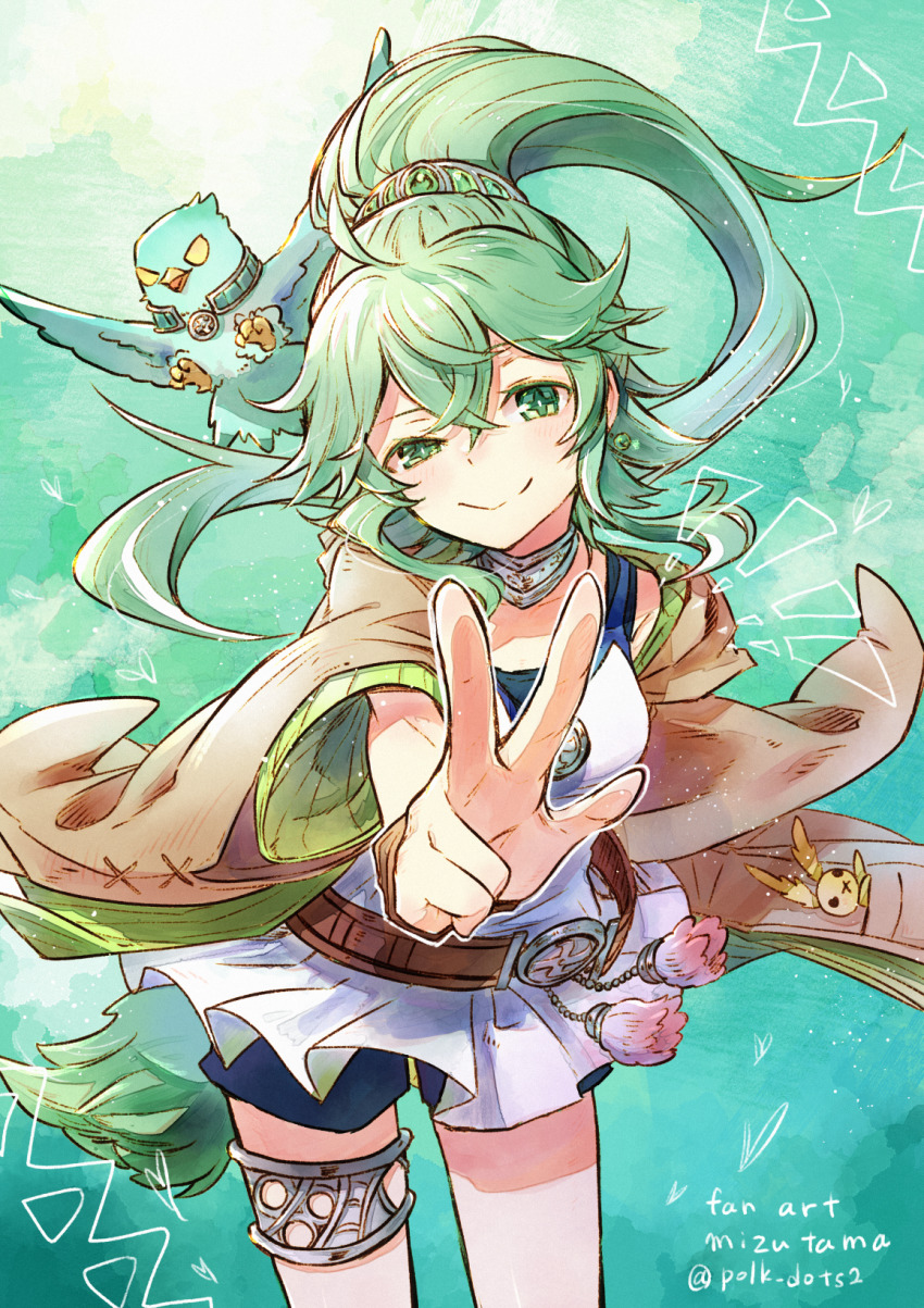 +_+ 1girl artist_name bird black_shorts blush breasts brown_coat closed_mouth coat collar collarbone commentary_request cowboy_shot crossed_bangs dress duel_monster earrings fur green_background green_eyes green_hair hair_between_eyes hair_ornament highres jewelry long_hair long_sleeves looking_at_viewer medium_breasts mizutama_(mizutamalion) necklace off_shoulder open_clothes ponytail short_shorts shorts sidelocks sleeveless sleeveless_dress smile standing stuffed_animal stuffed_rabbit stuffed_toy symbol-shaped_pupils thighlet twitter_username v white_dress winda_(yu-gi-oh!) winda_priestess_of_gusto yu-gi-oh!